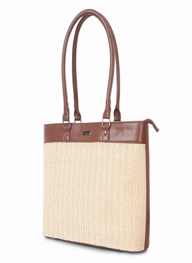VARA Large Capacity Handbag For Women Tote Bags For Womens Big Purses Handbags Ladies Big Shoulder Bag From Ykk Zipper For Bag (Brown-Cream) - Image 4